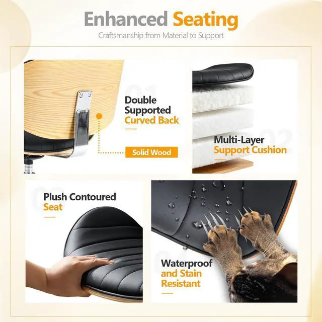 Alt view image 6 of 6 - Wide Comfotable Swivel Home Office Chair with Wood-Grain Curved Shell,Ergomomic Mid-Back Padded Armless Rolling Desk Chair with Wheels,Height Adjustable for Computer,Task,Work,PU Leather,Black