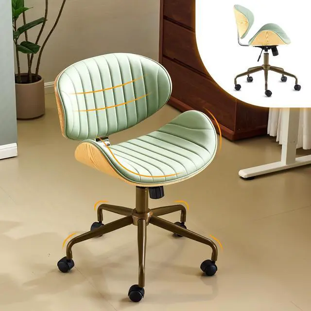 Main image of Wide Comfotable Swivel Home Office Chair with Wood-Grain Curved Shell,Ergomomic Mid-Back Padded Armless Rolling Desk Chair with Wheels,Height Adjustable for Computer,Task,Work,PU Leather,Green