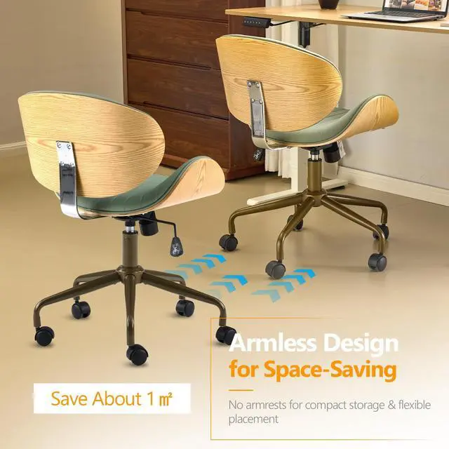 Alt view image 4 of 6 - Wide Comfotable Swivel Home Office Chair with Wood-Grain Curved Shell,Ergomomic Mid-Back Padded Armless Rolling Desk Chair with Wheels,Height Adjustable for Computer,Task,Work,PU Leather,Green