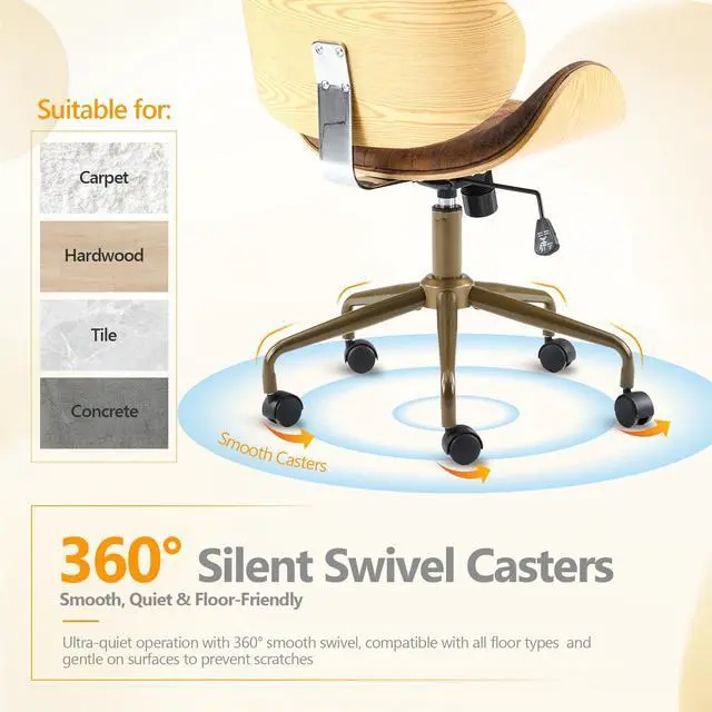 Alt view image 4 of 6 - Wide Comfotable Swivel Home Office Chair with Wood-Grain Curved Shell,Ergomomic Mid-Back Padded Armless Modern Desk Chair with Wheels,Height Adjustable for Computer,Task,Work,Microfiber,Rustic