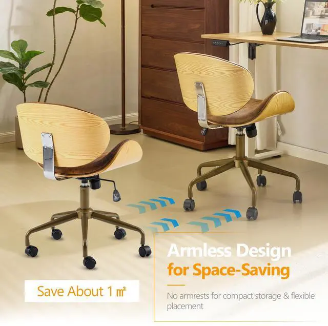 Alt view image 5 of 6 - Wide Comfotable Swivel Home Office Chair with Wood-Grain Curved Shell,Ergomomic Mid-Back Padded Armless Modern Desk Chair with Wheels,Height Adjustable for Computer,Task,Work,Microfiber,Rustic