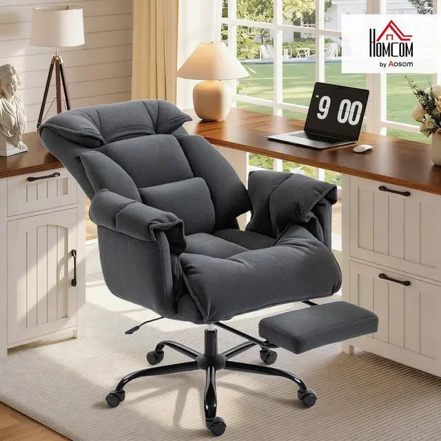Alt view image 2 of 6 - Executive Office Chair with Footrest, Reclining Swivel Computer Desk Chair with High Back, Thick Cushion, Padded Armrest, Adjustable Height, Rolling Wheels, Dark Gray