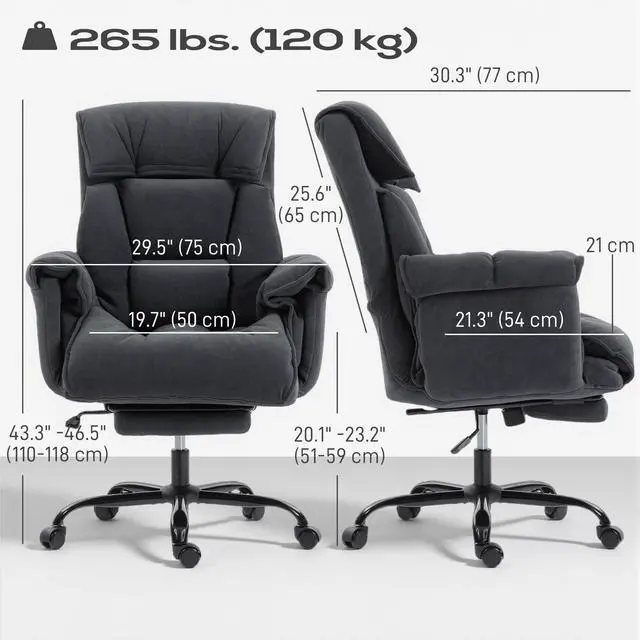 Alt view image 3 of 6 - Executive Office Chair with Footrest, Reclining Swivel Computer Desk Chair with High Back, Thick Cushion, Padded Armrest, Adjustable Height, Rolling Wheels, Dark Gray