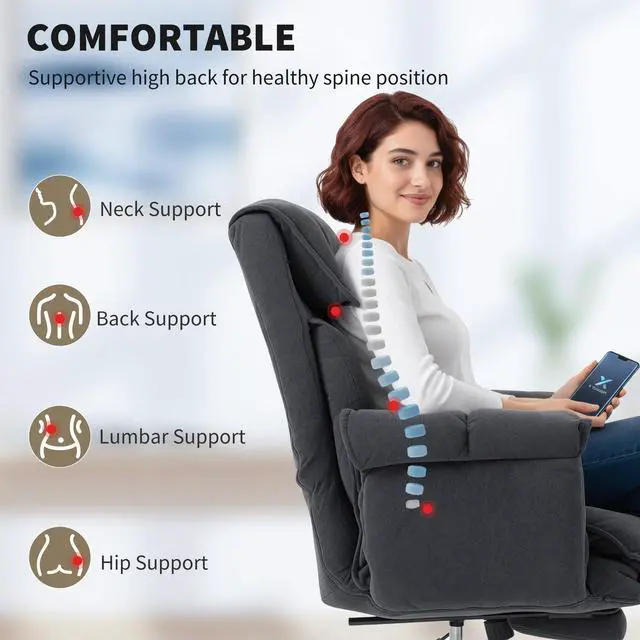 Alt view image 4 of 6 - Executive Office Chair with Footrest, Reclining Swivel Computer Desk Chair with High Back, Thick Cushion, Padded Armrest, Adjustable Height, Rolling Wheels, Dark Gray