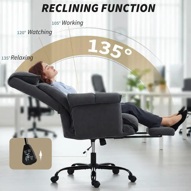 Alt view image 6 of 6 - Executive Office Chair with Footrest, Reclining Swivel Computer Desk Chair with High Back, Thick Cushion, Padded Armrest, Adjustable Height, Rolling Wheels, Dark Gray