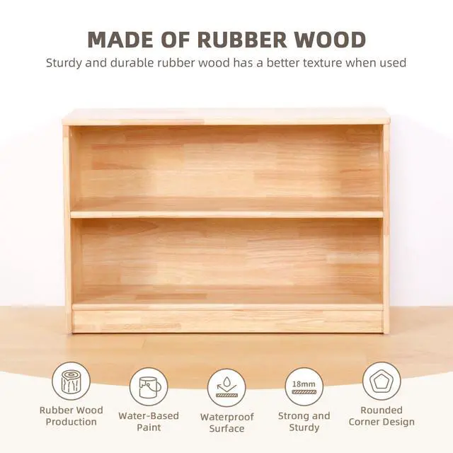 Alt view image 3 of 6 - Rubber Wood Montessori Shelf and Toy Storage, 35.4" L, Solid Wood Bookshelf and Toy Organizers, 2-Tier Storage Cabinet Shelves and Kids Bookcase for Classroom, Kindergarten, Kids Room, Playroom