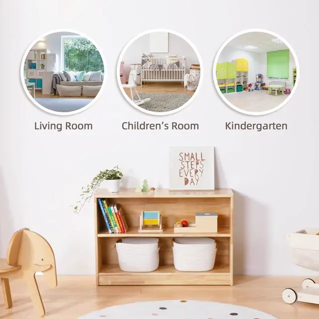 Alt view image 5 of 6 - Rubber Wood Montessori Shelf and Toy Storage, 35.4" L, Solid Wood Bookshelf and Toy Organizers, 2-Tier Storage Cabinet Shelves and Kids Bookcase for Classroom, Kindergarten, Kids Room, Playroom