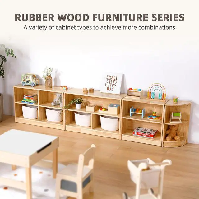 Alt view image 6 of 6 - Rubber Wood Montessori Shelf and Toy Storage, 35.4" L, Solid Wood Bookshelf and Toy Organizers, 2-Tier Storage Cabinet Shelves and Kids Bookcase for Classroom, Kindergarten, Kids Room, Playroom