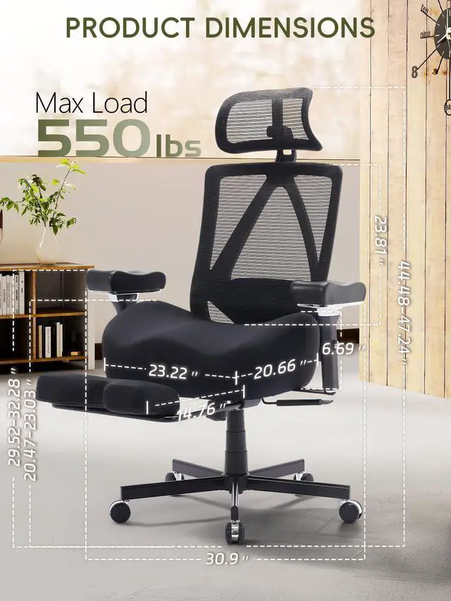Alt view image 2 of 6 - Big and Tall Office Chair 550lbs, Ergonomic Desk Chair with W Thick Cushion&4D Armrest, Executive Mesh Desk Chair with Adjustable Lumbar,2D Headrest,Footrest, Swivel Task Chairs for Home Office Gaming