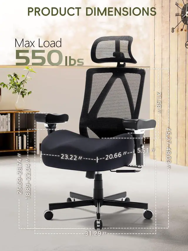 Alt view image 3 of 6 - Big and Tall Office Chair 550lbs, Ergonomic Desk Chair with W Thick Cushion&4D Armrest, Executive Mesh Desk Chair with Adjustable Lumbar Support, 2D Headrest, Swivel Task Chairs for Home Office Gaming