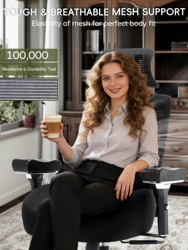 Alt view image 4 of 6 - Big and Tall Office Chair 550lbs, Ergonomic Desk Chair with W Thick Cushion&4D Armrest, Executive Mesh Desk Chair with Adjustable Lumbar Support, 2D Headrest, Swivel Task Chairs for Home Office Gaming