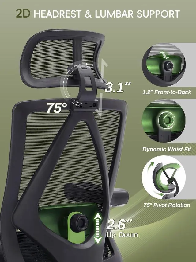 Alt view image 6 of 6 - Big and Tall Office Chair 550lbs, Ergonomic Desk Chair with W Thick Cushion&4D Armrest, Executive Mesh Desk Chair with Adjustable Lumbar Support, 2D Headrest, Swivel Task Chairs for Home Office Gaming