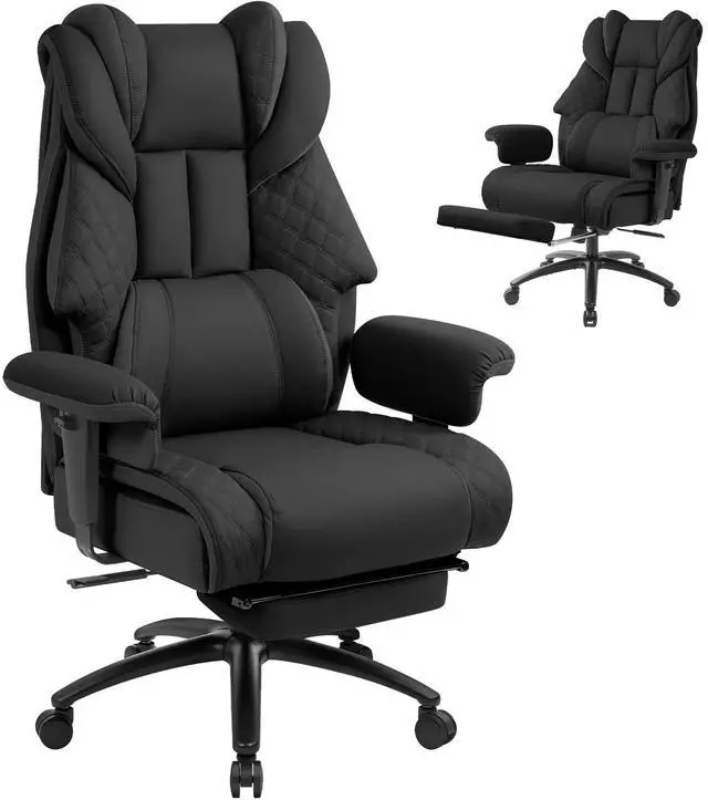 Main image of Executive Office Chair 400LBS with Foot Rest & Waist Lumber Support, Big and Tall Ergonomic Gaming Chair with 2D Armrests, High-Back Leather Reclining Chair for Home, Office, Black
