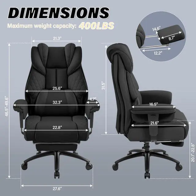 Alt view image 3 of 6 - Executive Office Chair 400LBS with Foot Rest & Waist Lumber Support, Big and Tall Ergonomic Gaming Chair with 2D Armrests, High-Back Leather Reclining Chair for Home, Office, Black