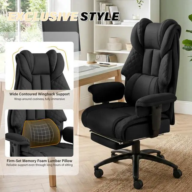Alt view image 4 of 6 - Executive Office Chair 400LBS with Foot Rest & Waist Lumber Support, Big and Tall Ergonomic Gaming Chair with 2D Armrests, High-Back Leather Reclining Chair for Home, Office, Black