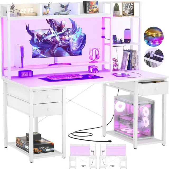 Main image of Desk with LED and Outlets, Gaming Desk with Hutch, 47.2'' Computer Desk with Drawers, Reversible Office Desk with Storage Bookshelf Large Workstation Desk with Shelf, Desk for Home, White