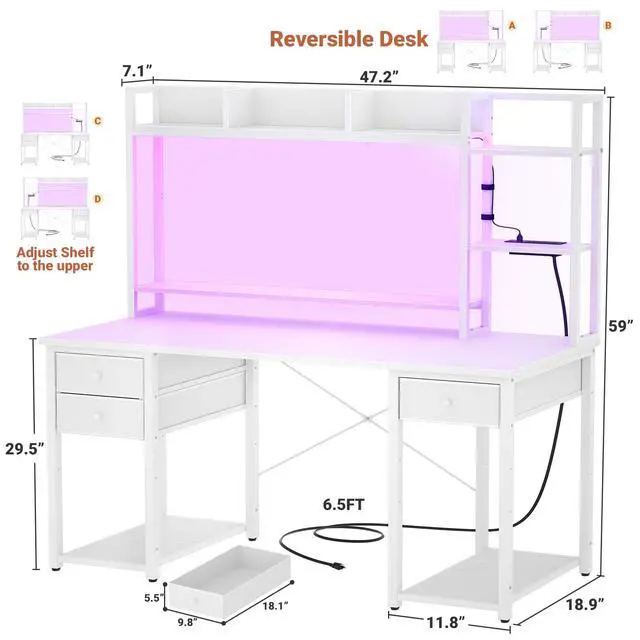 Alt view image 2 of 6 - Desk with LED and Outlets, Gaming Desk with Hutch, 47.2'' Computer Desk with Drawers, Reversible Office Desk with Storage Bookshelf Large Workstation Desk with Shelf, Desk for Home, White