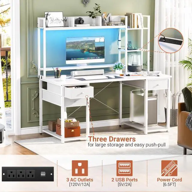 Alt view image 3 of 6 - Desk with LED and Outlets, Gaming Desk with Hutch, 47.2'' Computer Desk with Drawers, Reversible Office Desk with Storage Bookshelf Large Workstation Desk with Shelf, Desk for Home, White