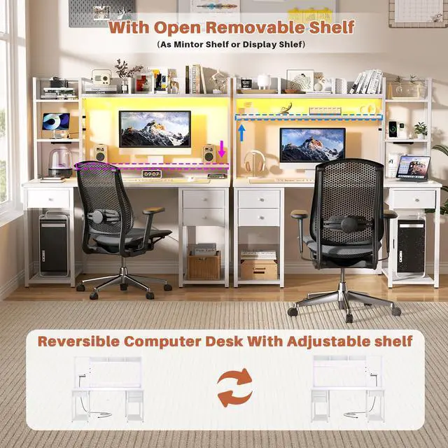 Alt view image 4 of 6 - Desk with LED and Outlets, Gaming Desk with Hutch, 47.2'' Computer Desk with Drawers, Reversible Office Desk with Storage Bookshelf Large Workstation Desk with Shelf, Desk for Home, White