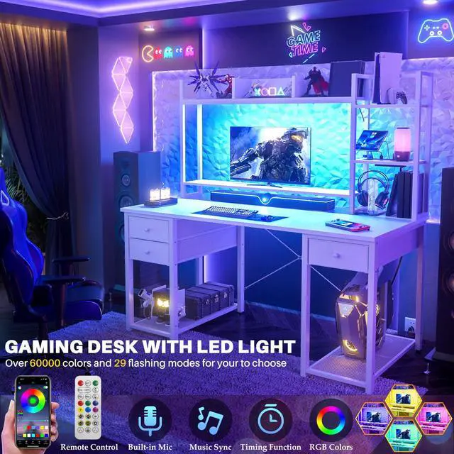 Alt view image 5 of 6 - Desk with LED and Outlets, Gaming Desk with Hutch, 47.2'' Computer Desk with Drawers, Reversible Office Desk with Storage Bookshelf Large Workstation Desk with Shelf, Desk for Home, White