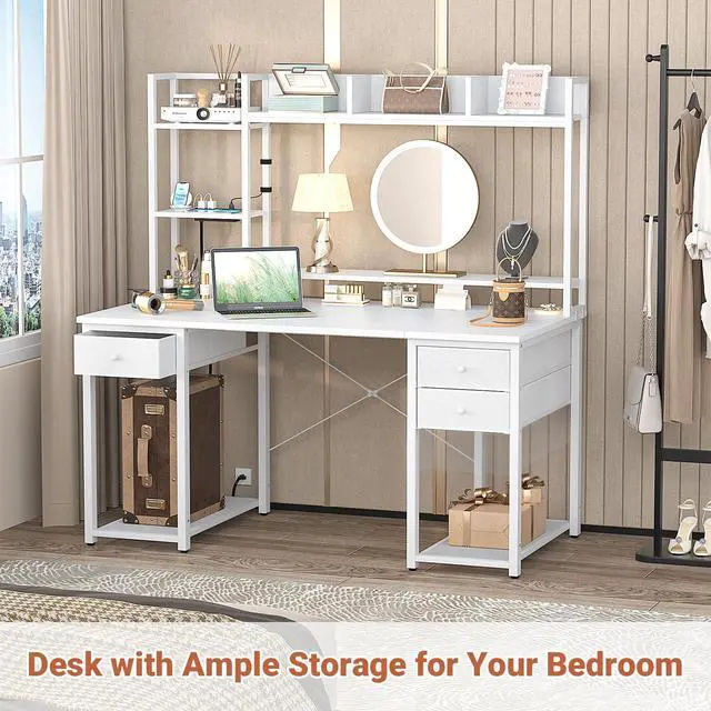 Alt view image 6 of 6 - Desk with LED and Outlets, Gaming Desk with Hutch, 47.2'' Computer Desk with Drawers, Reversible Office Desk with Storage Bookshelf Large Workstation Desk with Shelf, Desk for Home, White