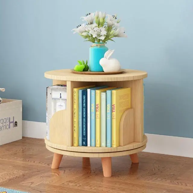 Main image of Small Rotating Bookshelf with Legs, 360° Rotating Bookshelf Organizer Wooden Storage Bookshelf Desk Supplies Organizer for Small Spaces Open Book Shelf for Home