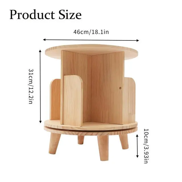 Alt view image 2 of 6 - Small Rotating Bookshelf with Legs, 360° Rotating Bookshelf Organizer Wooden Storage Bookshelf Desk Supplies Organizer for Small Spaces Open Book Shelf for Home