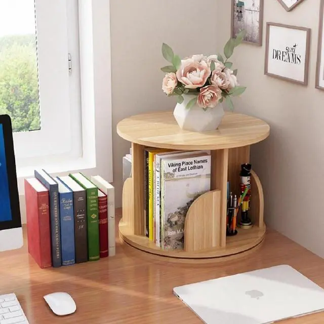 Alt view image 3 of 6 - Small Rotating Bookshelf with Legs, 360° Rotating Bookshelf Organizer Wooden Storage Bookshelf Desk Supplies Organizer for Small Spaces Open Book Shelf for Home