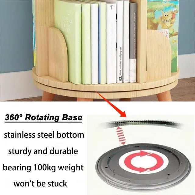Alt view image 5 of 6 - Small Rotating Bookshelf with Legs, 360° Rotating Bookshelf Organizer Wooden Storage Bookshelf Desk Supplies Organizer for Small Spaces Open Book Shelf for Home