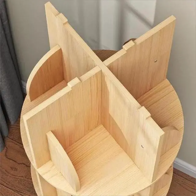 Alt view image 6 of 6 - Small Rotating Bookshelf with Legs, 360° Rotating Bookshelf Organizer Wooden Storage Bookshelf Desk Supplies Organizer for Small Spaces Open Book Shelf for Home