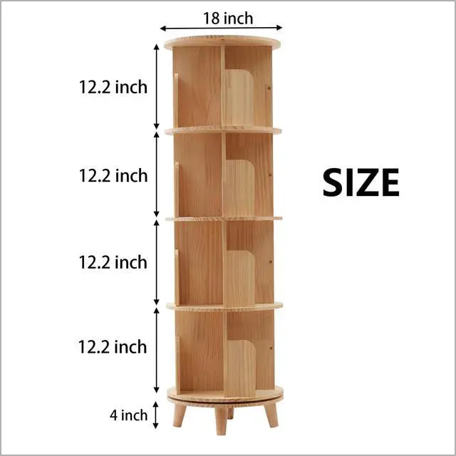Alt view image 2 of 6 - 4 Tier Rotating Bookshelf with Legs, Floor Standing Bookshelf Stackable Bookshelf Wood Bookcase Round Bookcase 360 Display Book Shelf for Bedroom Living Room