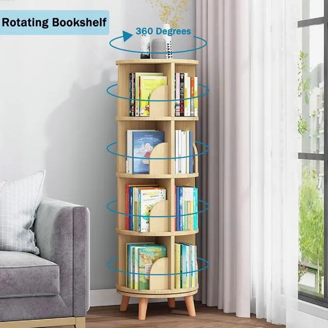 Alt view image 3 of 6 - 4 Tier Rotating Bookshelf with Legs, Floor Standing Bookshelf Stackable Bookshelf Wood Bookcase Round Bookcase 360 Display Book Shelf for Bedroom Living Room