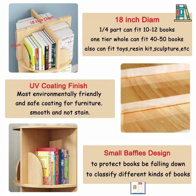 Alt view image 5 of 6 - 4 Tier Rotating Bookshelf with Legs, Floor Standing Bookshelf Stackable Bookshelf Wood Bookcase Round Bookcase 360 Display Book Shelf for Bedroom Living Room