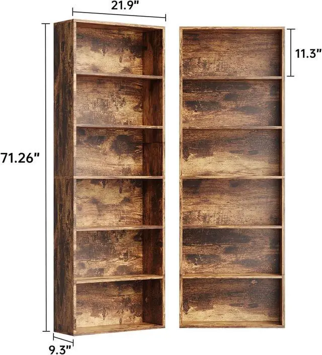 Alt view image 2 of 6 - Bookshelf Set of 2, 6 Tier Bookcase, Book Shelf Open Storage Organization, Floor Standing Display Bookshelves and Office Storage Stand for Living Room, Home Office, Dinning Room, Brown