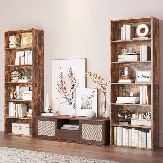 Alt view image 3 of 6 - Bookshelf Set of 2, 6 Tier Bookcase, Book Shelf Open Storage Organization, Floor Standing Display Bookshelves and Office Storage Stand for Living Room, Home Office, Dinning Room, Brown