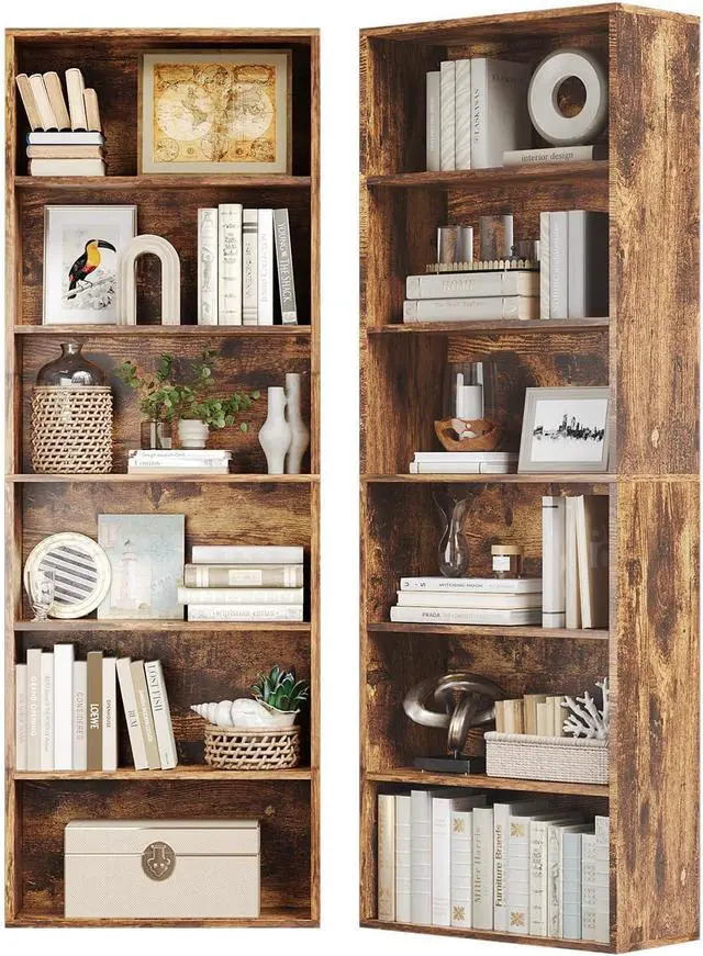 Alt view image 5 of 6 - Bookshelf Set of 2, 6 Tier Bookcase, Book Shelf Open Storage Organization, Floor Standing Display Bookshelves and Office Storage Stand for Living Room, Home Office, Dinning Room, Brown