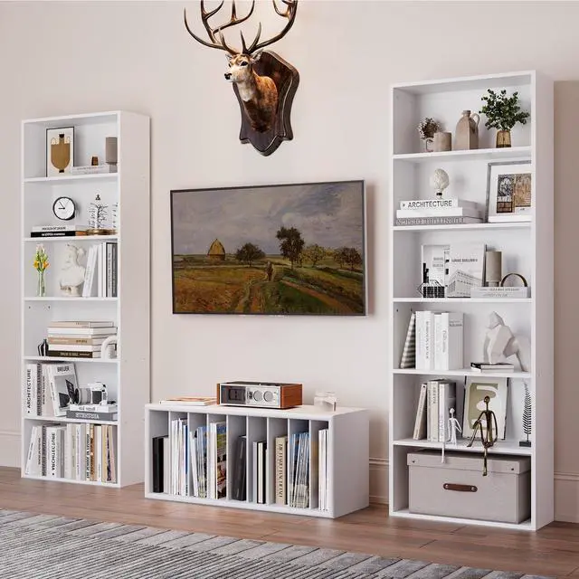 Alt view image 3 of 6 - Bookshelf Set of 2, 6 Tier Bookcase, Book Shelf Open Storage Organization, Floor Standing Display Bookshelves and Office Storage Stand for Living Room, Home Office, Dinning Room, White
