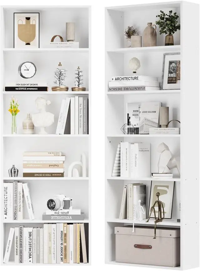 Alt view image 5 of 6 - Bookshelf Set of 2, 6 Tier Bookcase, Book Shelf Open Storage Organization, Floor Standing Display Bookshelves and Office Storage Stand for Living Room, Home Office, Dinning Room, White