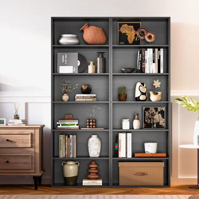 Main image of Bookshelf Set of 2, 6 Tier Bookcase, Book Shelf Open Storage Organization, Floor Standing Display Bookshelves and Office Storage Stand for Living Room, Home Office, Dinning Room, Black