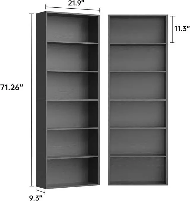 Alt view image 2 of 6 - Bookshelf Set of 2, 6 Tier Bookcase, Book Shelf Open Storage Organization, Floor Standing Display Bookshelves and Office Storage Stand for Living Room, Home Office, Dinning Room, Black