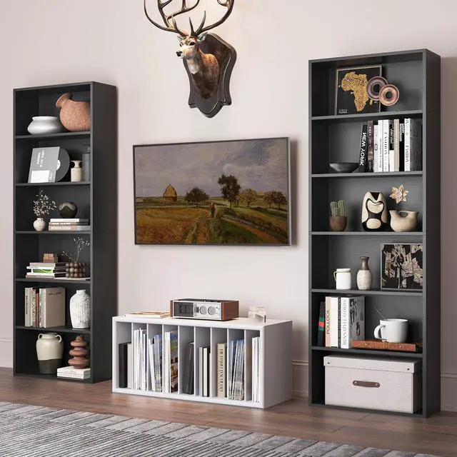 Alt view image 3 of 6 - Bookshelf Set of 2, 6 Tier Bookcase, Book Shelf Open Storage Organization, Floor Standing Display Bookshelves and Office Storage Stand for Living Room, Home Office, Dinning Room, Black