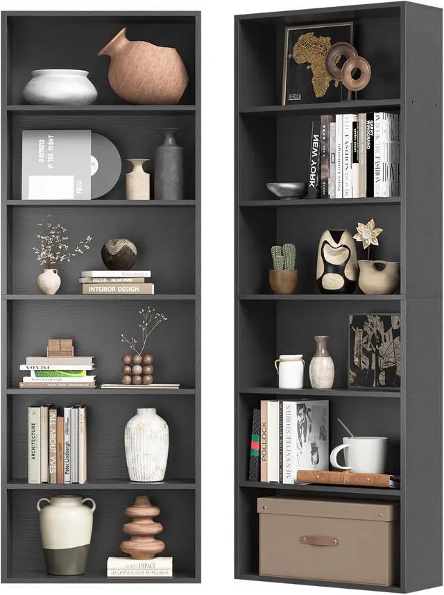 Alt view image 5 of 6 - Bookshelf Set of 2, 6 Tier Bookcase, Book Shelf Open Storage Organization, Floor Standing Display Bookshelves and Office Storage Stand for Living Room, Home Office, Dinning Room, Black