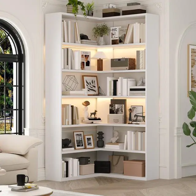 Main image of 7 Tier Corner Book Shelf with LED Lights, 71 Tall Corner Bookshelf for Living Room, Study Room, Wooden Storage Display Industrial l Shaped Bookshelf, White