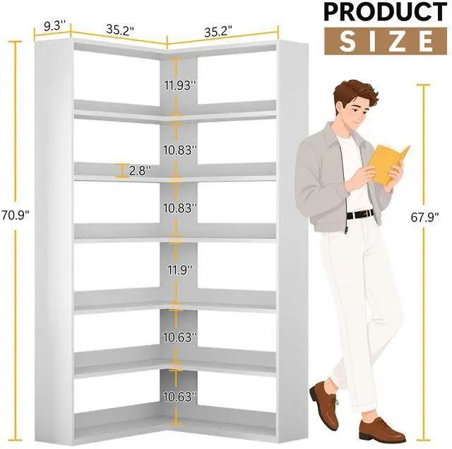 Alt view image 2 of 6 - 7 Tier Corner Book Shelf with LED Lights, 71 Tall Corner Bookshelf for Living Room, Study Room, Wooden Storage Display Industrial l Shaped Bookshelf, White