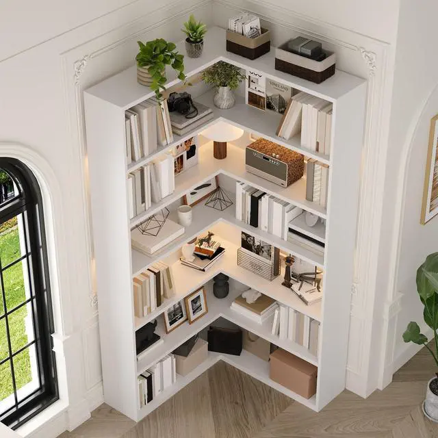 Alt view image 3 of 6 - 7 Tier Corner Book Shelf with LED Lights, 71 Tall Corner Bookshelf for Living Room, Study Room, Wooden Storage Display Industrial l Shaped Bookshelf, White
