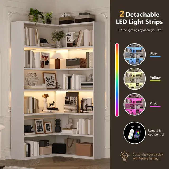 Alt view image 4 of 6 - 7 Tier Corner Book Shelf with LED Lights, 71 Tall Corner Bookshelf for Living Room, Study Room, Wooden Storage Display Industrial l Shaped Bookshelf, White