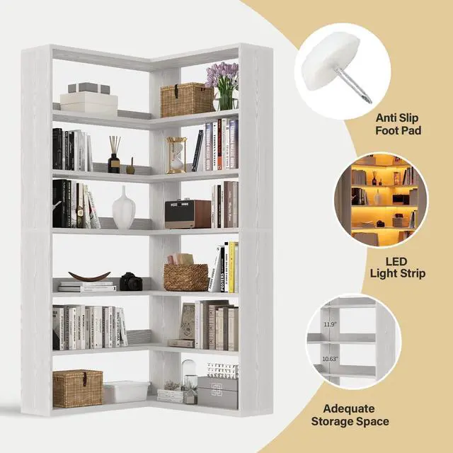 Alt view image 5 of 6 - 7 Tier Corner Book Shelf with LED Lights, 71 Tall Corner Bookshelf for Living Room, Study Room, Wooden Storage Display Industrial l Shaped Bookshelf, White