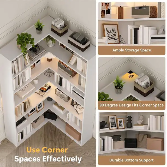 Alt view image 6 of 6 - 7 Tier Corner Book Shelf with LED Lights, 71 Tall Corner Bookshelf for Living Room, Study Room, Wooden Storage Display Industrial l Shaped Bookshelf, White