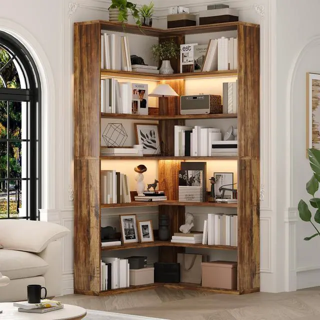 Main image of Corner Bookshelf, 7 Tier Bookcase with LED Light and Storage, Industrial Tall Bookshelf Etagere Bookcase, 71 Corner Book Shelf with Storage Display Rack with Baffles for Home Office