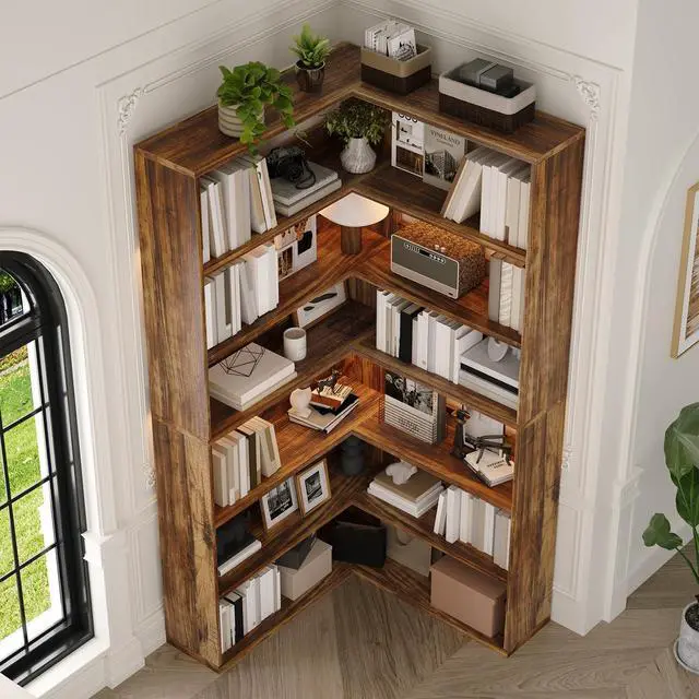 Alt view image 2 of 6 - Corner Bookshelf, 7 Tier Bookcase with LED Light and Storage, Industrial Tall Bookshelf Etagere Bookcase, 71 Corner Book Shelf with Storage Display Rack with Baffles for Home Office